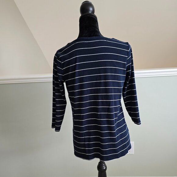 J. Jill Women's Petite Small Navy Blue Striped 3/4 Sleeve Pima V-Neck Shirt Top - Picture 3 of 3
